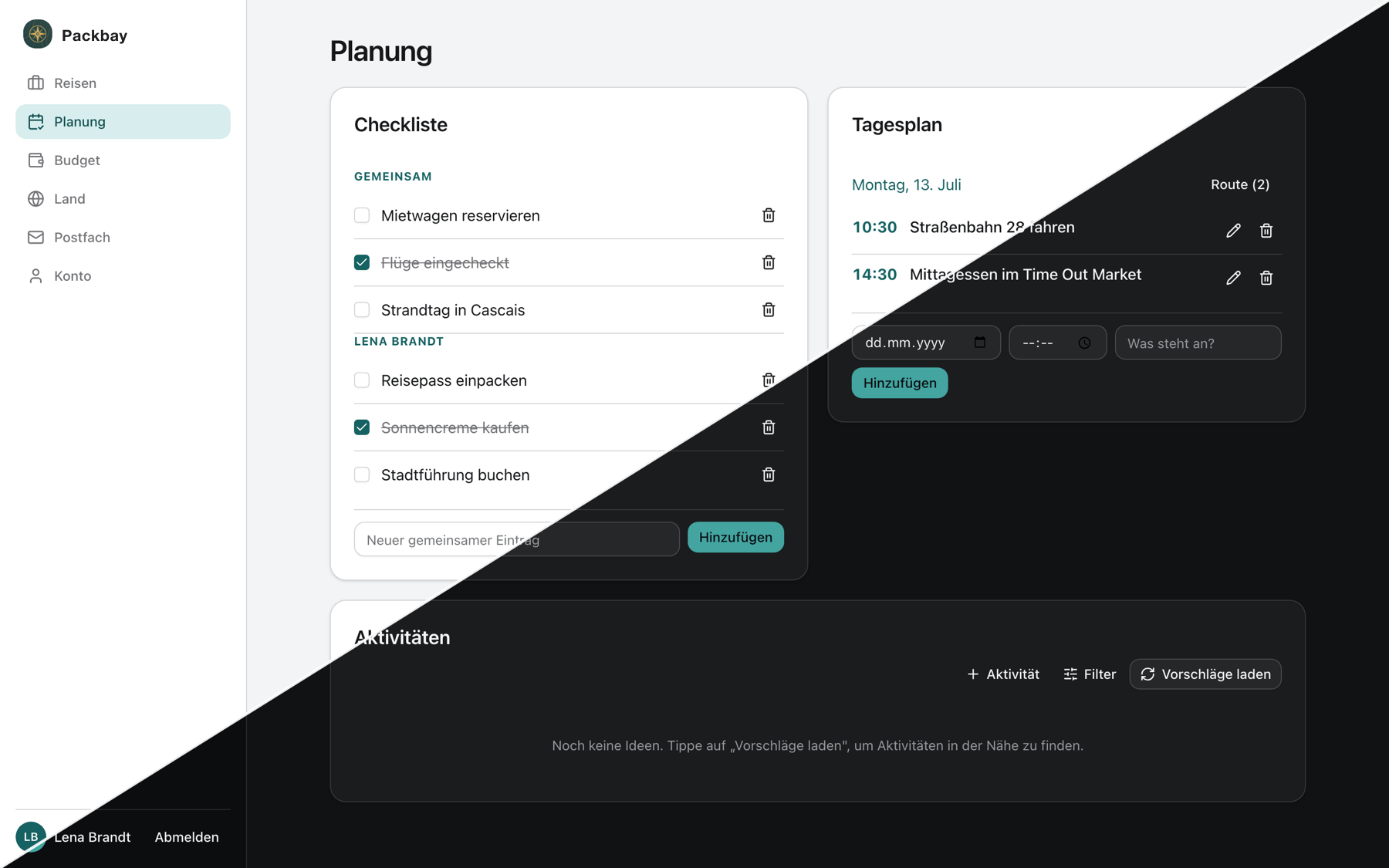 Planung im Browser: gemeinsame und private Checkliste plus Tagesplan