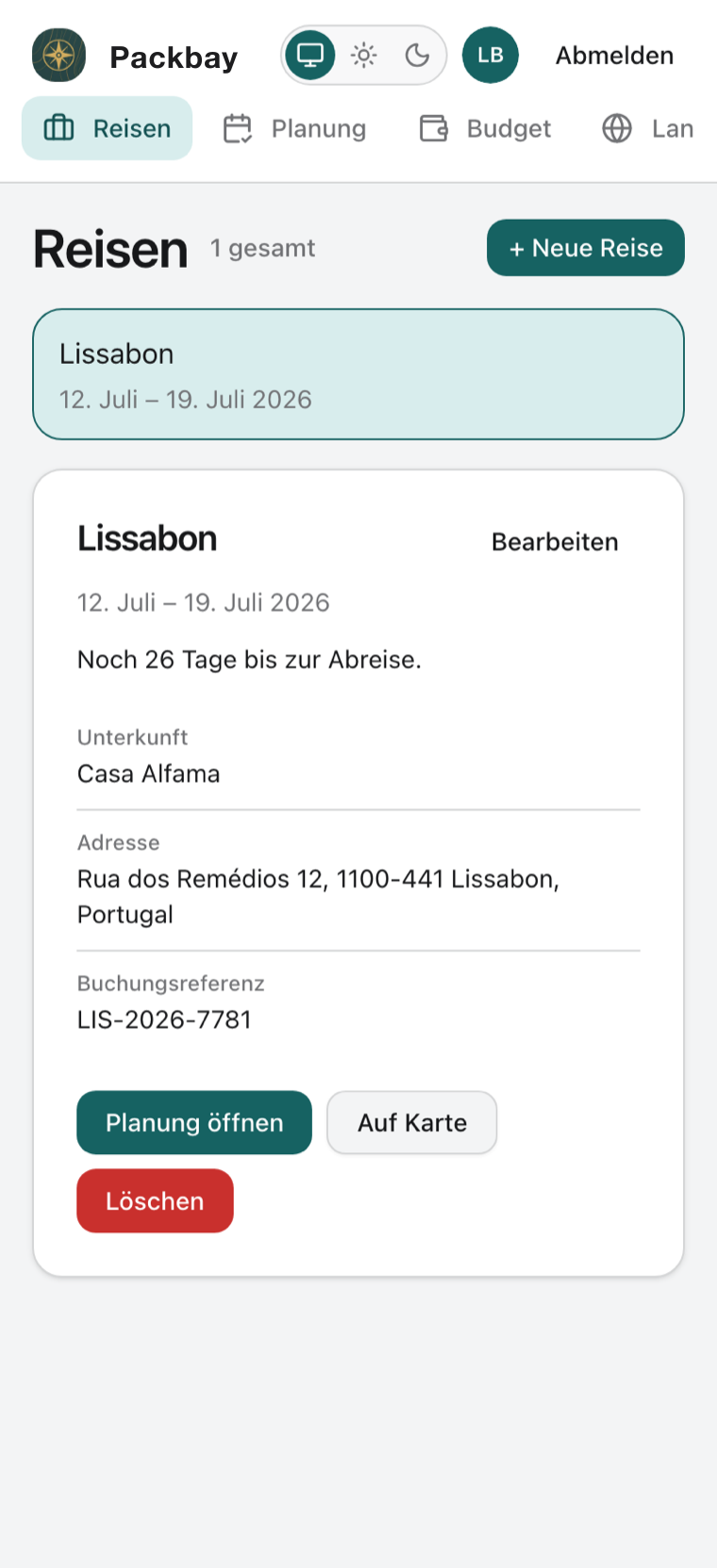 Packbay im mobilen Browser: Reise nach Lissabon