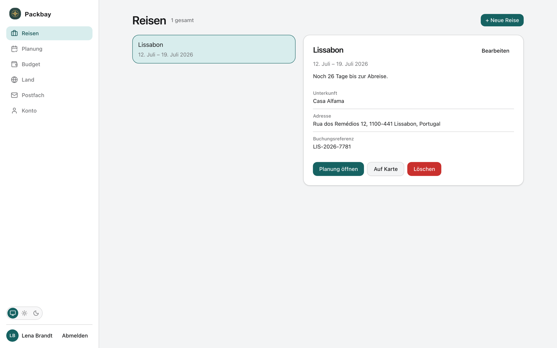 Packbay im Browser: Reisen-Übersicht mit Detailkarte und Countdown
